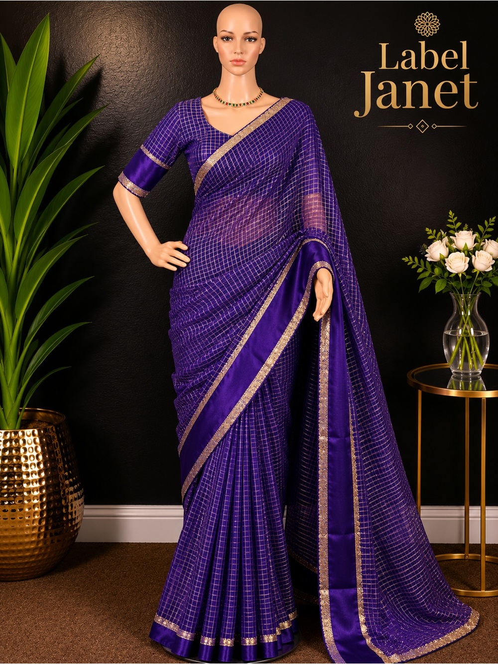 Brand new Blue checked viscose saree with stitched blouse (34” - 42”)